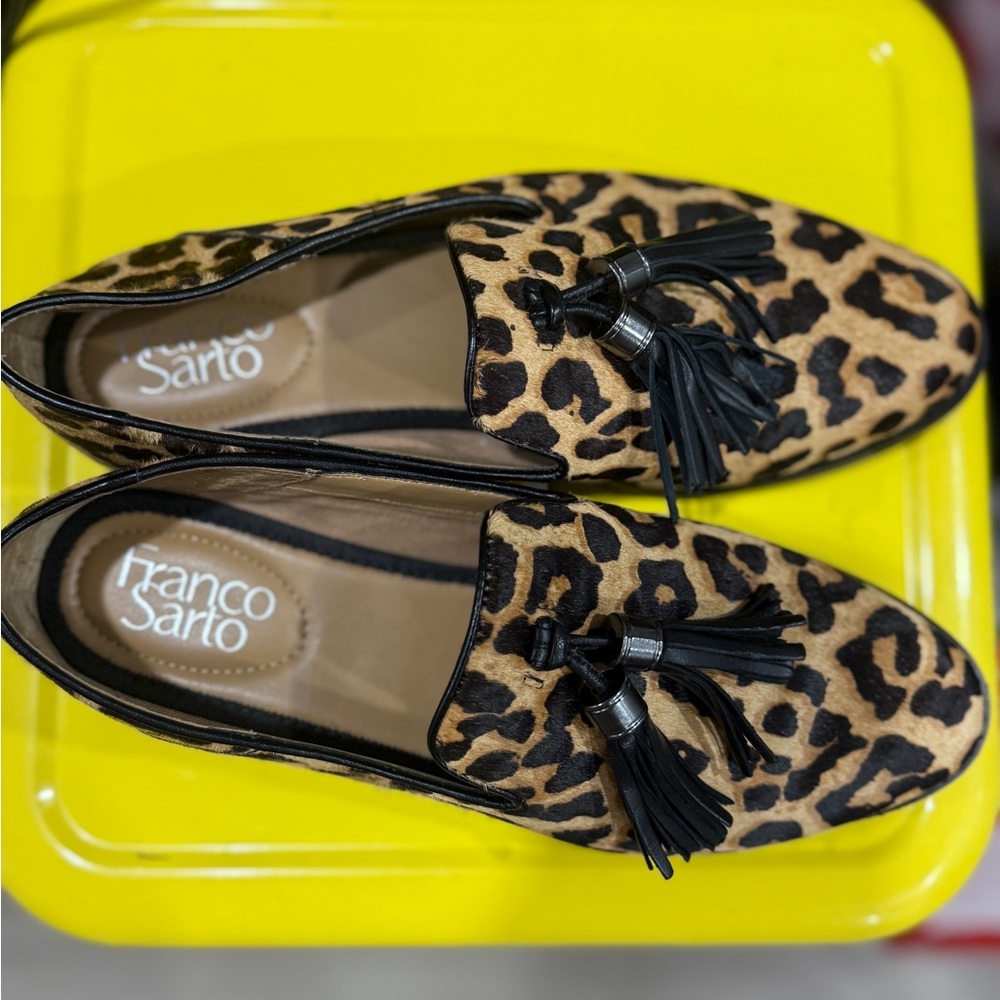 Franco Sarto Leopard Print Loafers with Black Tassels